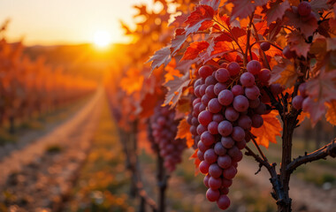 A vineyard with red and yellow leaves at sunset