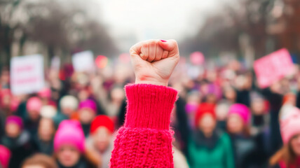A raised fist in a pink sweater stands out among a crowd holding signs, symbolizing unity and protest, International Women's day