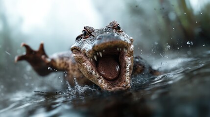 A fierce alligator lunges forward in a watery environment, revealing its sharp teeth, showcasing the primal essence of nature and the survival instincts of predators in the wild.