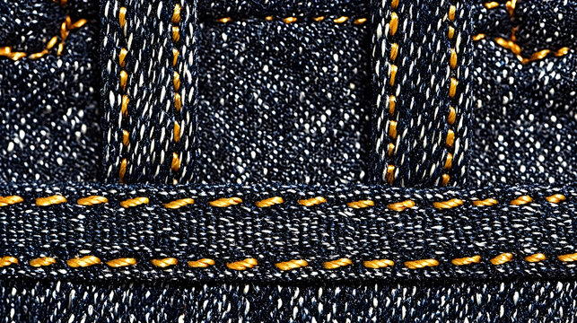 Denim texture close-up, golden stitching detail, fabric background, apparel design