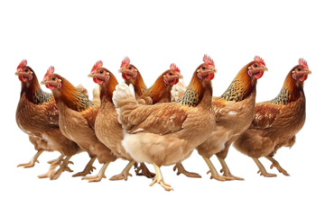 Ten hens walking in a row.