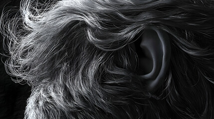 Naklejka premium Close-up grayscale ear and hair, textured background, studio shot, for medical or beauty