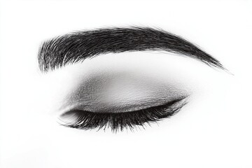 Close-up of a beautiful made-up eye and eyebrow on a white background