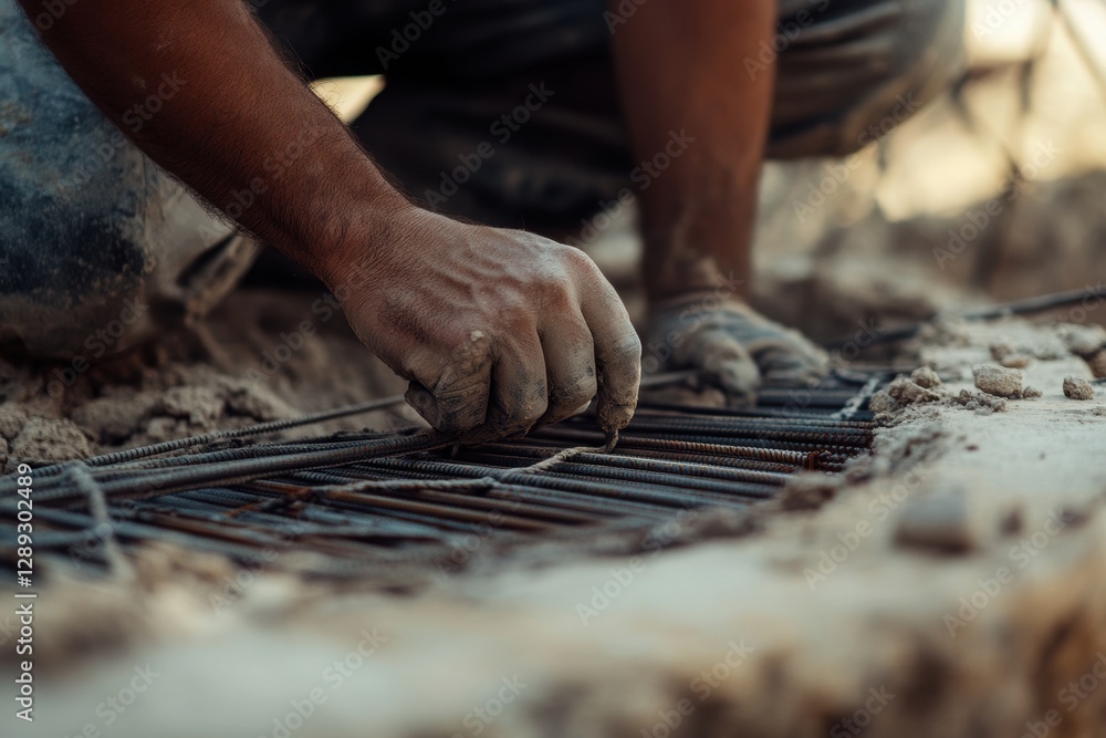 Poster a worker installing steel reinforcing bars into the base of a structure.
