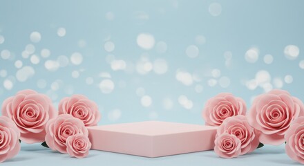 a romantic and floral composition with a soft pastel blue background.