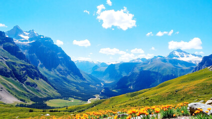 Naklejka premium Stunning Mountain Valley with Wildflowers and Snow-Capped Peaks