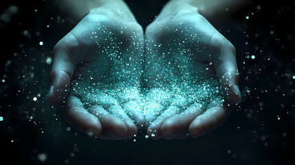 Fototapeta premium A pair of hands cupped together, holding a sparkling teal glitter. the glitter is flowing between the fingers, creating a magical effect. Magical Spell-Casting Hands. Illustration