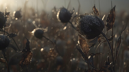 Obraz premium Dried seed heads backlit by sunrise in autumn field