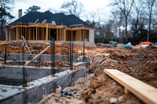 A construction site where the foundation of a house is being laid.