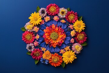 Mandala made of multicolored flowers on a blue background