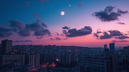 Obraz premium Glowing crescent moon over ,city illuminating the Ramadan night sky