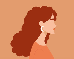 red curly hair woman side profile, long hair woman illustration vector