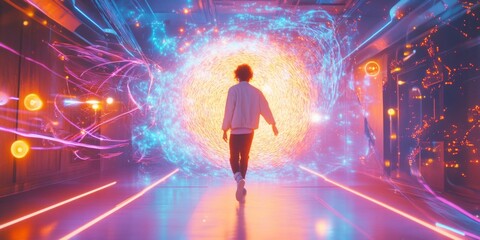 A person walks into a colorful portal. The vibrant colors of blue and orange swirl around. This digital art captures a sense of adventure and exploration. Ideal for sci-fi themes. AI