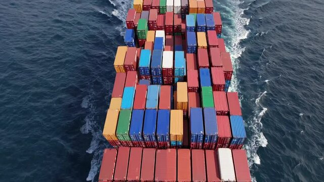 Slow Motion Aerial Top View of International Containers Cargo Ship in Open Ocean &ndash; Massive Freight Vessel, Global Trade Logistics, Maritime Transportation, Shipping Industry, Cargo Export and Import, 