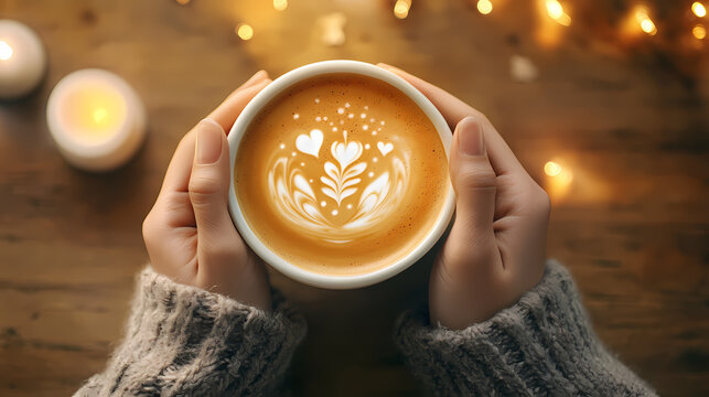 Cup of coffee with unique latte art design that changes appearance in a magical way on a wooden table with natural lighting. Magical Spell-Casting Hands. Illustration