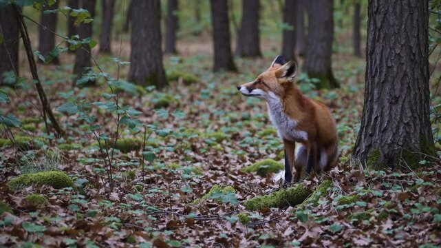 Slow Motion Fox Standing Still &ndash; Majestic Wild Animal in Serene Natural Habitat, Sharp Gaze and Elegant Fur, Mysterious Forest Predator, Tranquil Wilderness Scene, Autumn Woodland, Curious Wildlife 