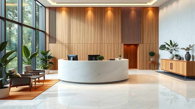 Elegant modern office lobby with wooden accents, white counters, and large windows, ideal for corporate reception areas and luxury business design.
