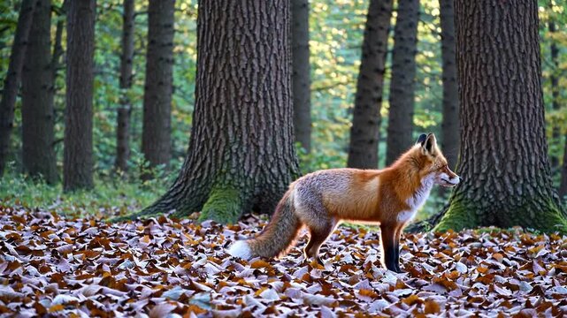 Slow Motion Fox Standing Still &ndash; Majestic Wild Animal in Serene Natural Habitat, Sharp Gaze and Elegant Fur, Mysterious Forest Predator, Tranquil Wilderness Scene, Autumn Woodland, Curious Wildlife 
