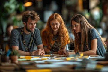 Fototapeta premium Group of young fashion designers working in a creative studio. Selective focus.