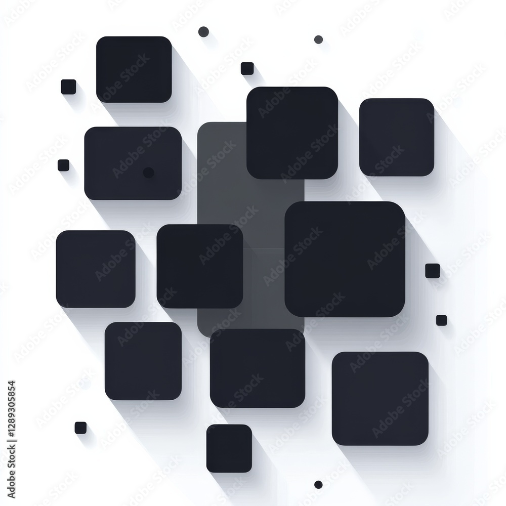 Poster abstract geometric arrangement: black rounded squares on white background with dynamic shadows.