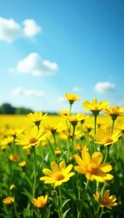 Obraz premium A field of bright yellow flowers under a clear blue sky, sky, sunny, cloud
