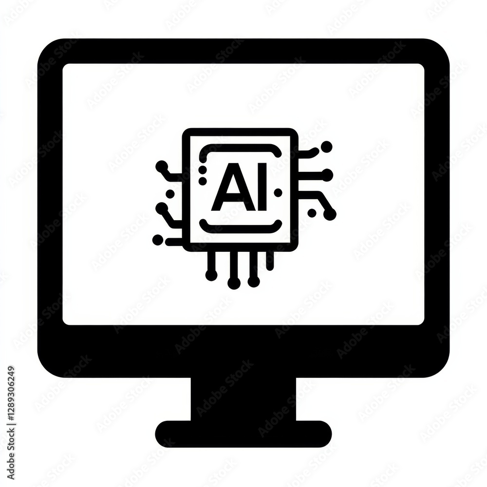Poster AI Powered Computer: Icon of Artificial Intelligence on a Desktop Monitor, Representing Machine Learning and Future Technology
