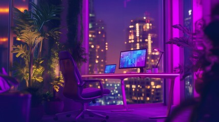 Fototapeta premium Modern neon lit workspace overlooking a vibrant cityscape at night