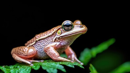 Fototapeta premium Rainforest frog perched on leaf, dark background. Nature photography for wildlife publications