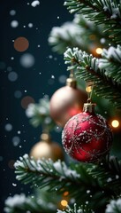 Delicate snowflakes gently fall on the Christmas tree's branches, ornaments, sparkle, christmas