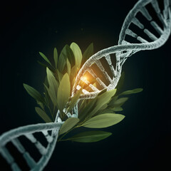 Green DNA structure with futuristic biotechnology genetics research concept glowing innovation in molecular science