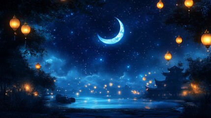 Naklejka premium Crescent moon and stars in dark sky with lanterns – ramadan celebration