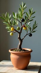 Glass balls and branches intertwined with an olive tree in a terra cotta pot, olive tree, rustic decor