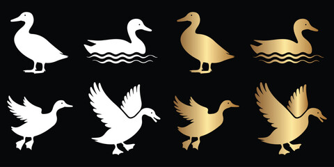 Obraz premium Elegant Gold and White Duck Silhouettes on Black Background