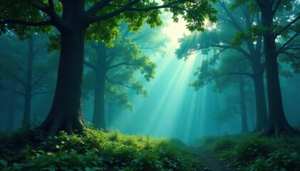 Obraz premium misty forest with tall trees in shades of blue and green, tree, serene, lush