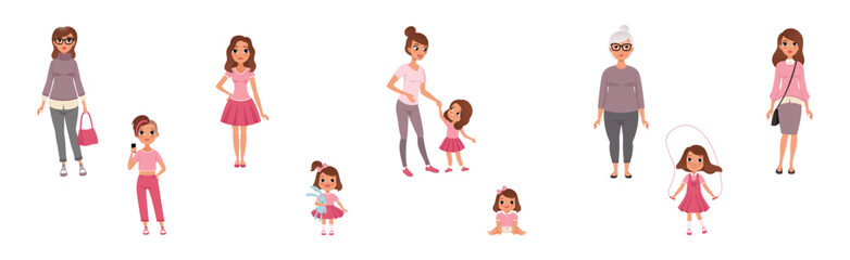 Woman in Different Age from Child to Old Person Vector Set