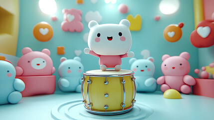 Cute bear plays drum in a kids' room