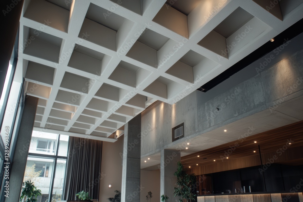 Poster the process of installing panels on the ceiling or walls using lifting equipment.