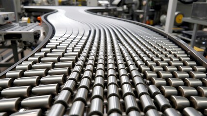 Obraz premium Modern industrial conveyor belt system transporting products in a manufacturing facility, automated production process with efficient logistics flow