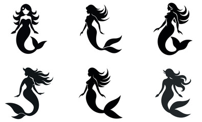 Simple Black Silhouette Mermaids Set Against White Background