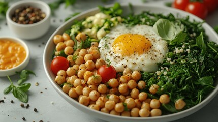 Healthy chickpea spinach bowl with egg, breakfast, kitchen