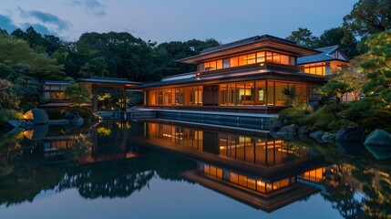 Fototapeta premium Exquisite traditional Japanese architecture reflected on a tranquil pond at twilight, creating a serene and elegant atmosphere