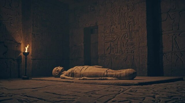 Ancient Mummy Wrapped in Aged Bandages &ndash; Mysterious Archaeological Discovery, Egyptian Tomb Relic, Historical Preservation, Mythical Undead Figure, Preserved Corpse, Spooky Halloween Symbol, Mythology