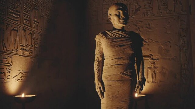Ancient Mummy Wrapped in Aged Bandages &ndash; Mysterious Archaeological Discovery, Egyptian Tomb Relic, Historical Preservation, Mythical Undead Figure, Preserved Corpse, Spooky Halloween Symbol, Mythology