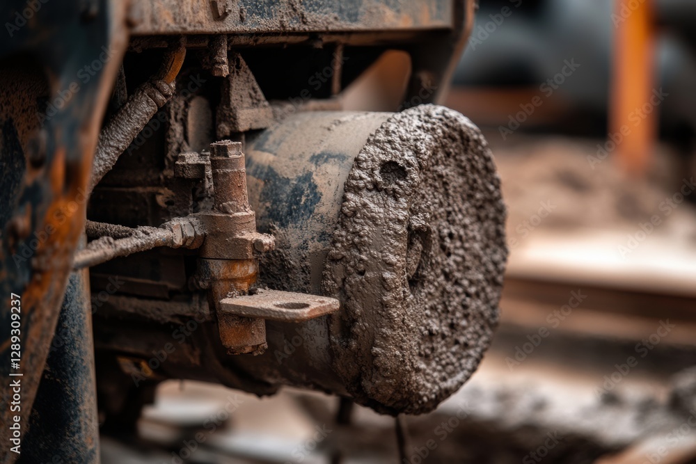 Poster working with a concrete mixer, with a focus on the details of the mechanism and the mixing process.