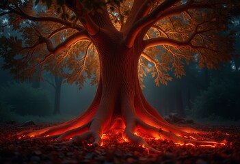  Majestic Tree With Illuminated Roots and Leaves at Night