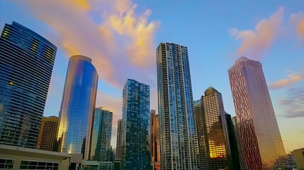 Obraz premium Cityscape sunset, skyscrapers, urban skyline, vibrant clouds, Chicago, real estate