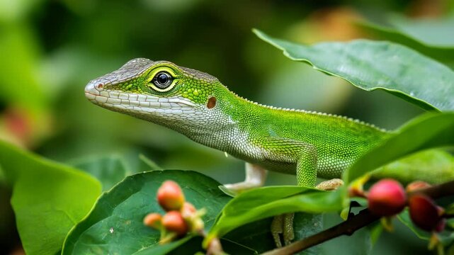 Vibrant Green Lizard on Fresh Coffee Plant Leaves