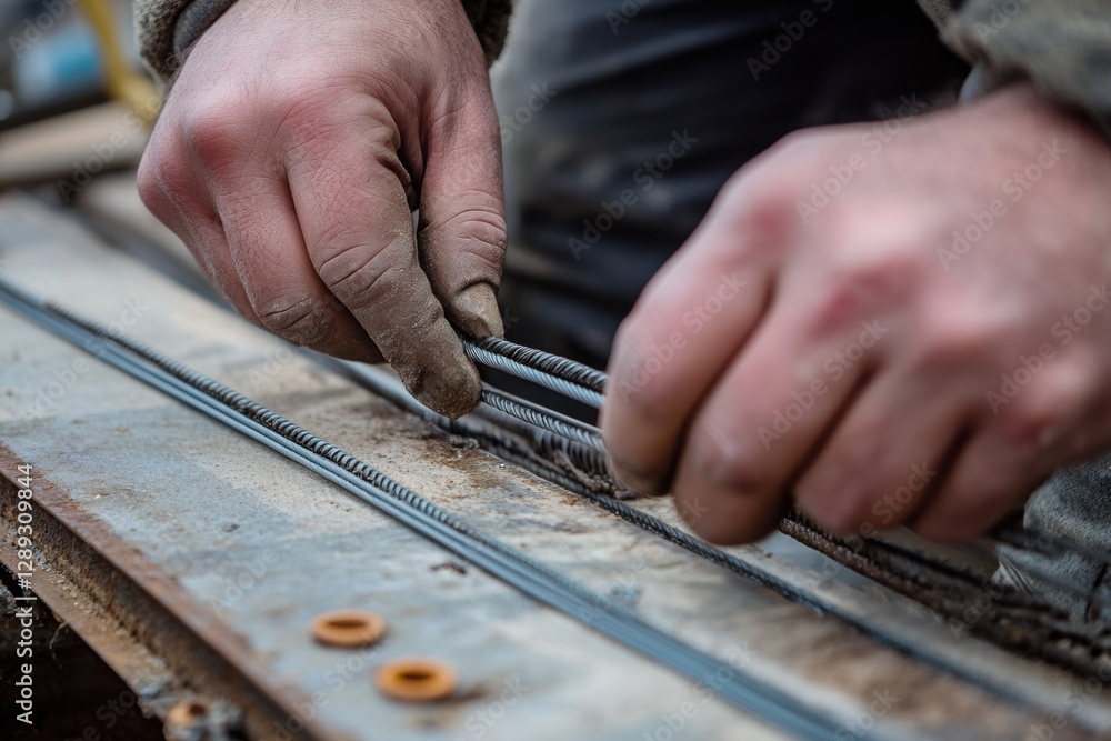 Poster working with reinforcement: twisting and installing metal rods.