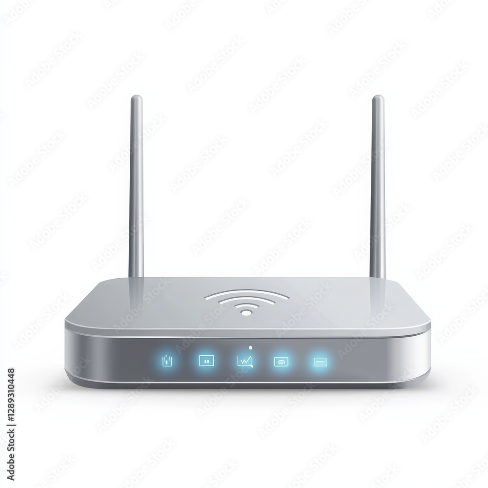 Poster realistic design of a modern wi-fi router with a sleek, metallic finish. the device has a compact, m