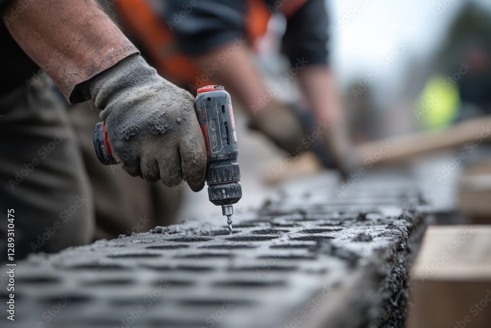 Poster a worker uses a drill to create holes in a concrete surface.